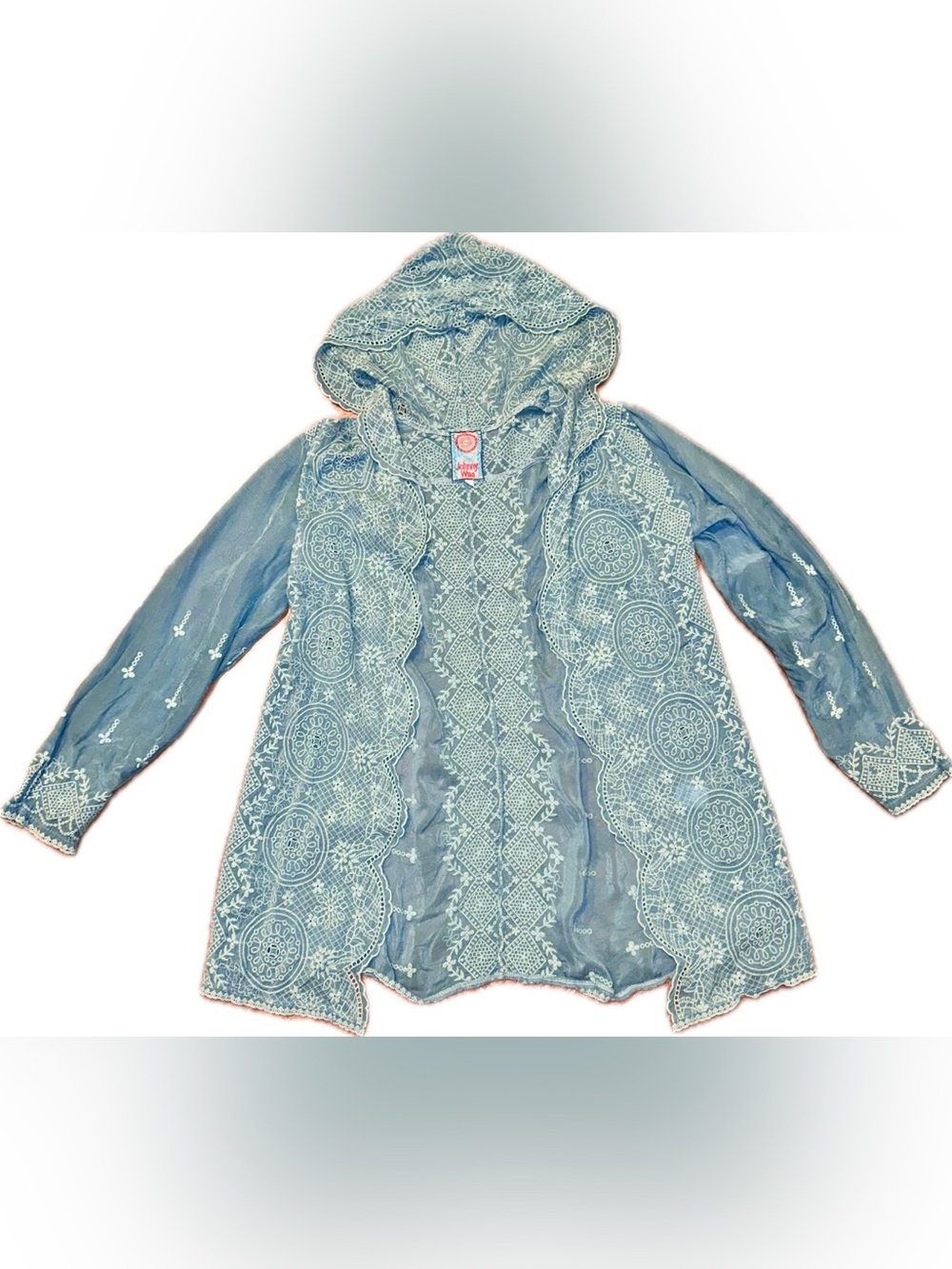 Johnny Was Light Teal Blue Lace-Embroidered Shawl Hood Scalloped Open Cardigan S - Picture 2 of 11